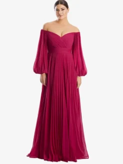 Bridal Mother Dress Bateau Neck Long Sleeves A-Line Pleated Floor-Length Guest Dresses For Wedding
