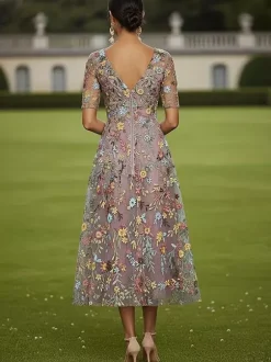 Bridal Mother Dress Jewel Neck Short Sleeves A-Line Lace Tea-Length Guest Dresses For Wedding