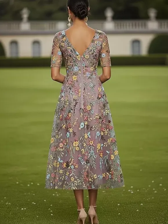 Bridal Mother Dress Jewel Neck Short Sleeves A-Line Lace Tea-Length Guest Dresses For Wedding