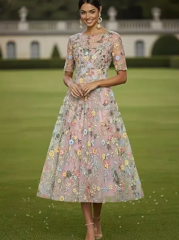 Bridal Mother Dress Jewel Neck Short Sleeves A-Line Lace Tea-Length Guest Dresses For Wedding