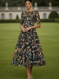 Bridal Mother Dress Jewel Neck Short Sleeves A-Line Lace Tea-Length Guest Dresses For Wedding