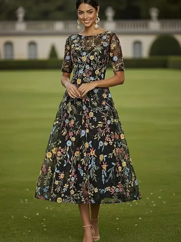 Bridal Mother Dress Jewel Neck Short Sleeves A-Line Lace Tea-Length Guest Dresses For Wedding