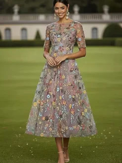Bridal Mother Dress Jewel Neck Short Sleeves A-Line Lace Tea-Length Guest Dresses For Wedding