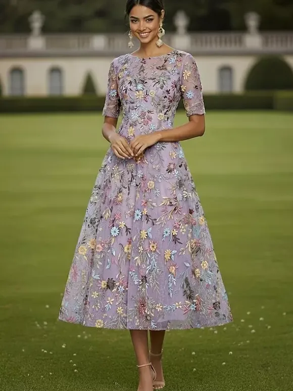 Bridal Mother Dress Jewel Neck Short Sleeves A-Line Lace Tea-Length Guest Dresses For Wedding
