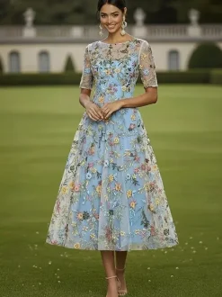 Bridal Mother Dress Jewel Neck Short Sleeves A-Line Lace Tea-Length Guest Dresses For Wedding
