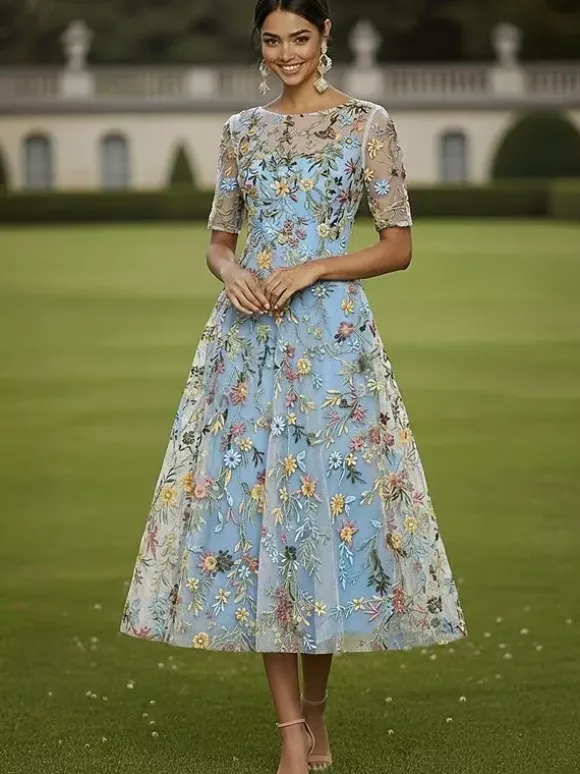 Bridal Mother Dress Jewel Neck Short Sleeves A-Line Lace Tea-Length Guest Dresses For Wedding