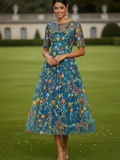 Bridal Mother Dress Jewel Neck Short Sleeves A-Line Lace Tea-Length Guest Dresses For Wedding