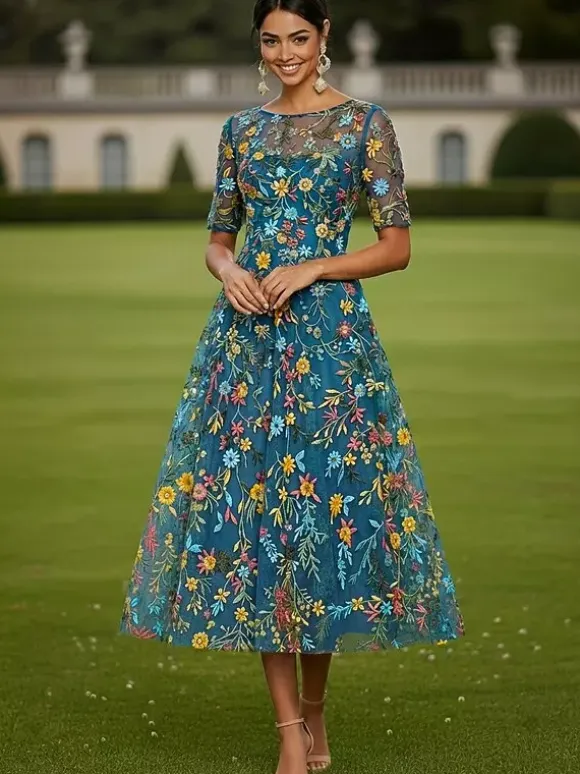 Bridal Mother Dress Jewel Neck Short Sleeves A-Line Lace Tea-Length Guest Dresses For Wedding
