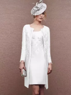 Bridal Mother Dress Jewel Neck Long Sleeves A-Line Lace Short Wedding Guest Dresses
