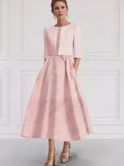 Bridal Mother Dress Jewel Neck 3/4 Length Sleeves Two-piece Flowers Wedding Guest Dresses