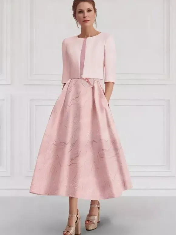 Bridal Mother Dress Jewel Neck 3/4 Length Sleeves Two-piece Flowers Wedding Guest Dresses