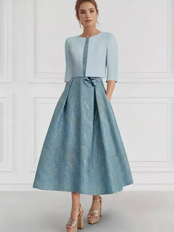Bridal Mother Dress Jewel Neck 3/4 Length Sleeves Two-piece Flowers Wedding Guest Dresses