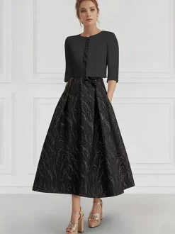Bridal Mother Dress Jewel Neck 3/4 Length Sleeves Two-piece Flowers Wedding Guest Dresses