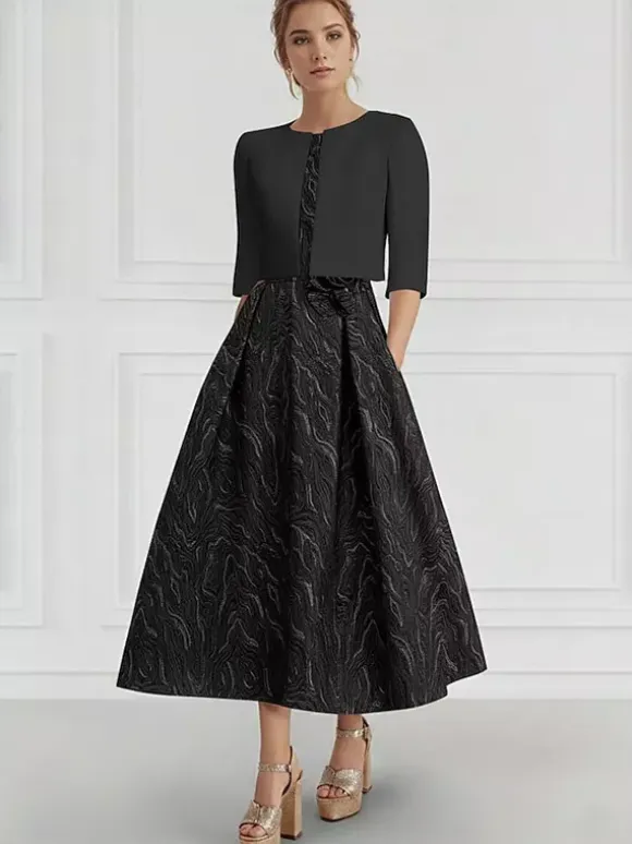 Bridal Mother Dress Jewel Neck 3/4 Length Sleeves Two-piece Flowers Wedding Guest Dresses