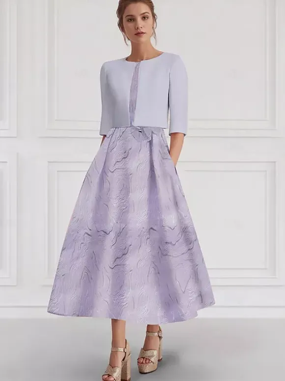 Bridal Mother Dress Jewel Neck 3/4 Length Sleeves Two-piece Flowers Wedding Guest Dresses
