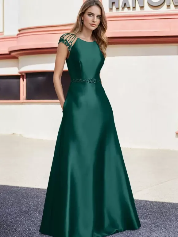 Bridal Mother Dress Jewel Neck Short Sleeves A-Line Beaded Floor-Length Wedding Guest Dresses