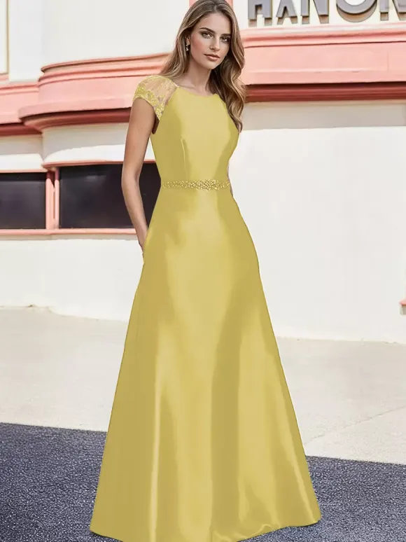 Bridal Mother Dress Jewel Neck Short Sleeves A-Line Beaded Floor-Length Wedding Guest Dresses