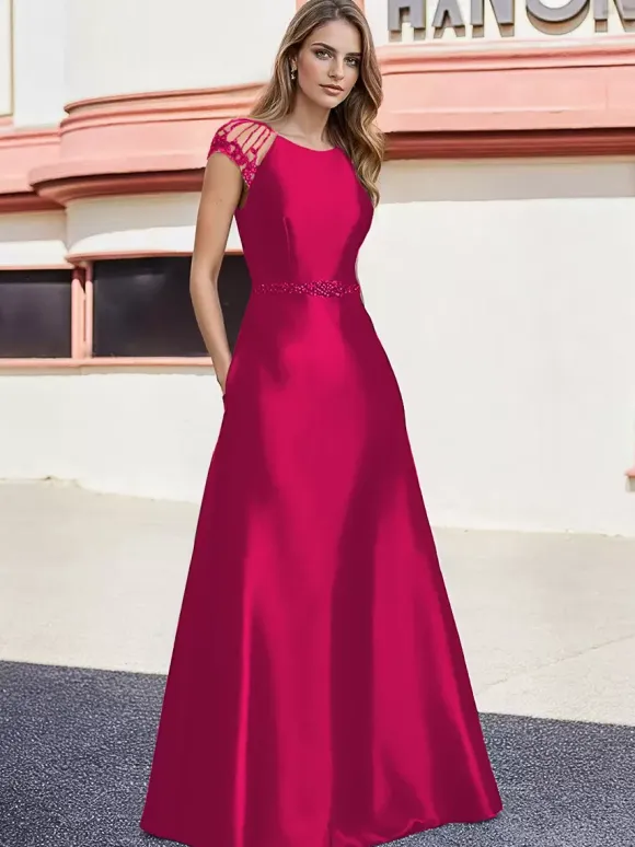Bridal Mother Dress Jewel Neck Short Sleeves A-Line Beaded Floor-Length Wedding Guest Dresses