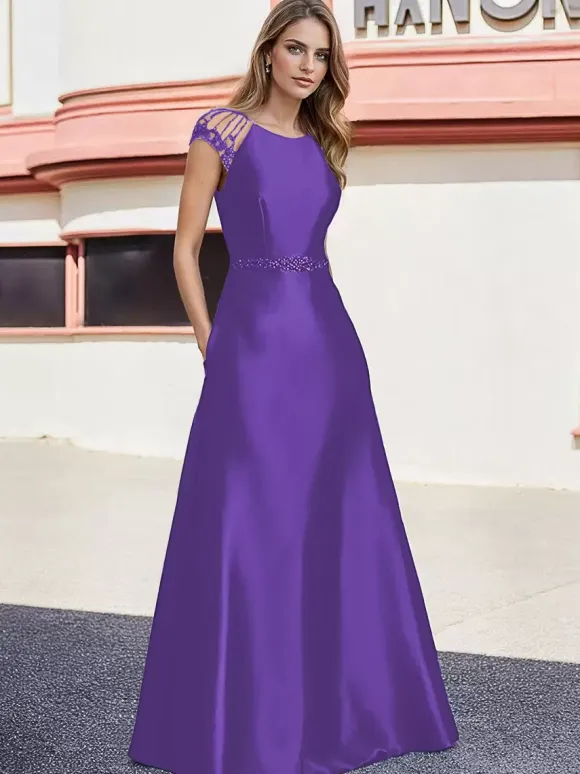Bridal Mother Dress Jewel Neck Short Sleeves A-Line Beaded Floor-Length Wedding Guest Dresses