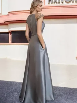 Bridal Mother Dress Jewel Neck Short Sleeves A-Line Beaded Floor-Length Wedding Guest Dresses