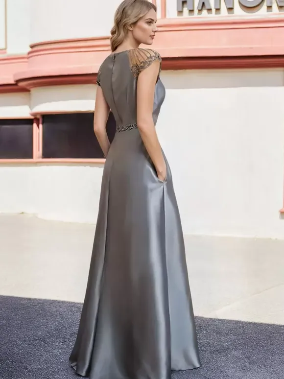 Bridal Mother Dress Jewel Neck Short Sleeves A-Line Beaded Floor-Length Wedding Guest Dresses