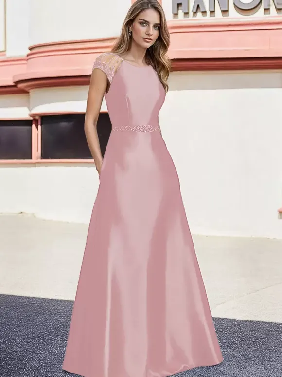 Bridal Mother Dress Jewel Neck Short Sleeves A-Line Beaded Floor-Length Wedding Guest Dresses