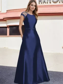 Bridal Mother Dress Jewel Neck Short Sleeves A-Line Beaded Floor-Length Wedding Guest Dresses