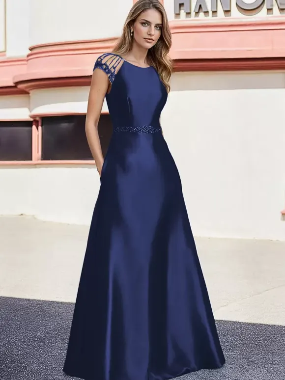 Bridal Mother Dress Jewel Neck Short Sleeves A-Line Beaded Floor-Length Wedding Guest Dresses