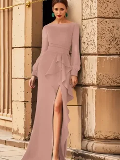 Bridal Mother Dress Jewel Neck Long Sleeves Ruffles Mermaid Wedding Guest Dresses