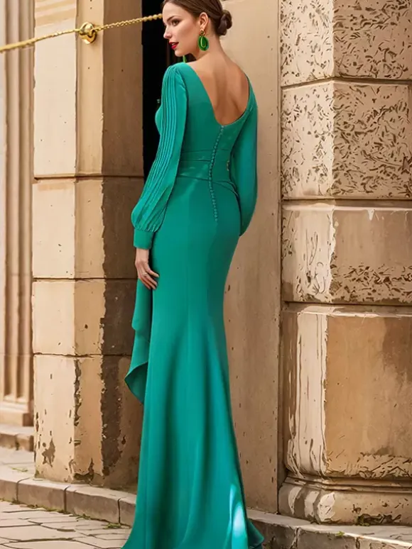 Bridal Mother Dress Jewel Neck Long Sleeves Ruffles Mermaid Wedding Guest Dresses