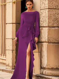 Bridal Mother Dress Jewel Neck Long Sleeves Ruffles Mermaid Wedding Guest Dresses
