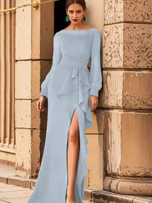 Bridal Mother Dress Jewel Neck Long Sleeves Ruffles Mermaid Wedding Guest Dresses