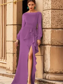 Bridal Mother Dress Jewel Neck Long Sleeves Ruffles Mermaid Wedding Guest Dresses