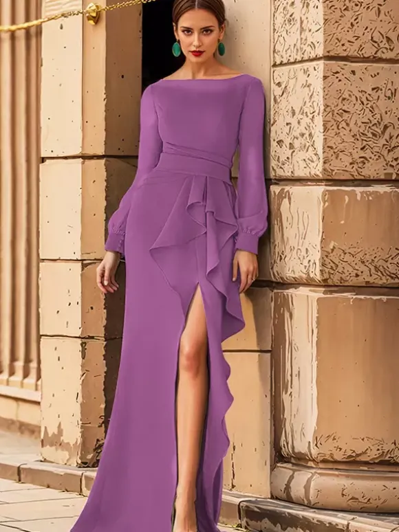 Bridal Mother Dress Jewel Neck Long Sleeves Ruffles Mermaid Wedding Guest Dresses