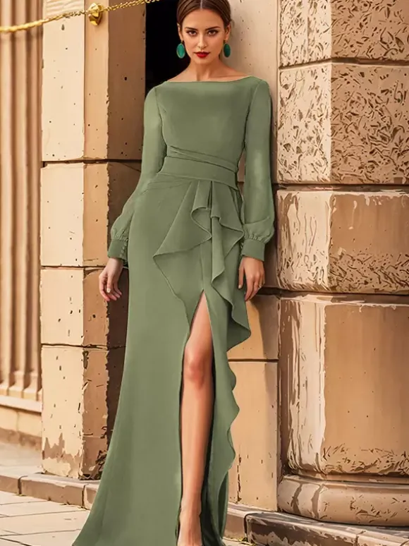 Bridal Mother Dress Jewel Neck Long Sleeves Ruffles Mermaid Wedding Guest Dresses