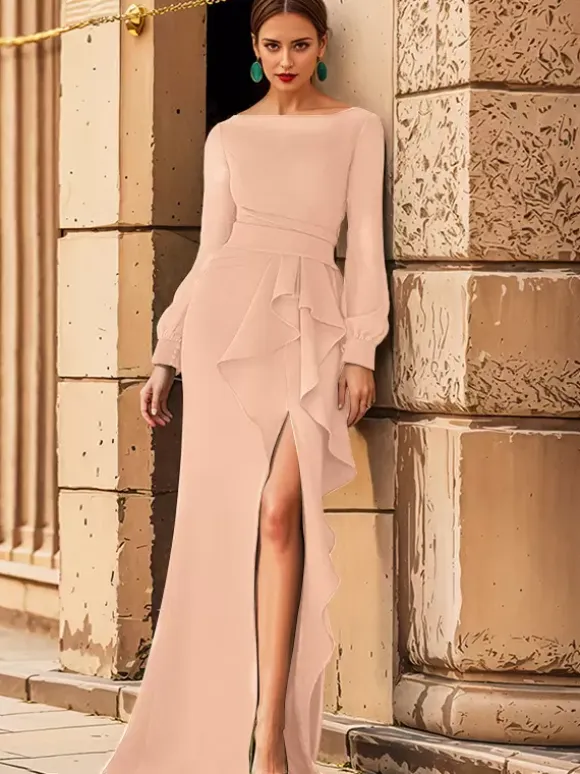 Bridal Mother Dress Jewel Neck Long Sleeves Ruffles Mermaid Wedding Guest Dresses