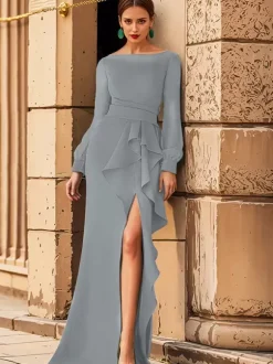 Bridal Mother Dress Jewel Neck Long Sleeves Ruffles Mermaid Wedding Guest Dresses