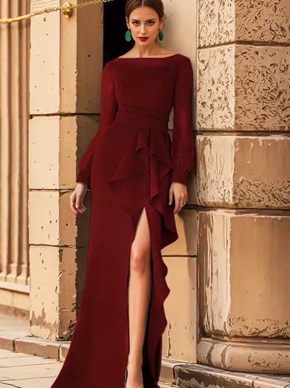 Bridal Mother Dress Jewel Neck Long Sleeves Ruffles Mermaid Wedding Guest Dresses