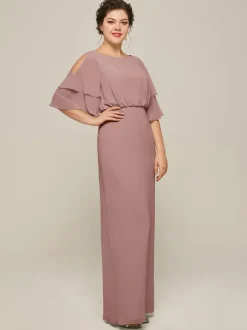 Bridal Mother Dress Jewel Neck Short Sleeves A-Line Split Front Wedding Guest Dresses
