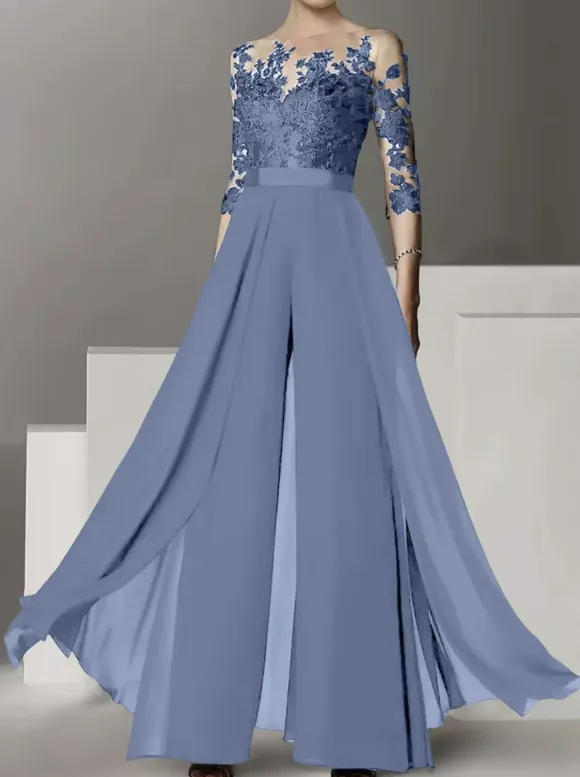 Bridal Mother Dress Jewel Neck Half Sleeves Two-piece Lace Floor-Length Wedding Guest Dresses