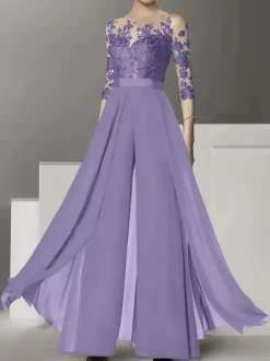 Bridal Mother Dress Jewel Neck Half Sleeves Two-piece Lace Floor-Length Wedding Guest Dresses