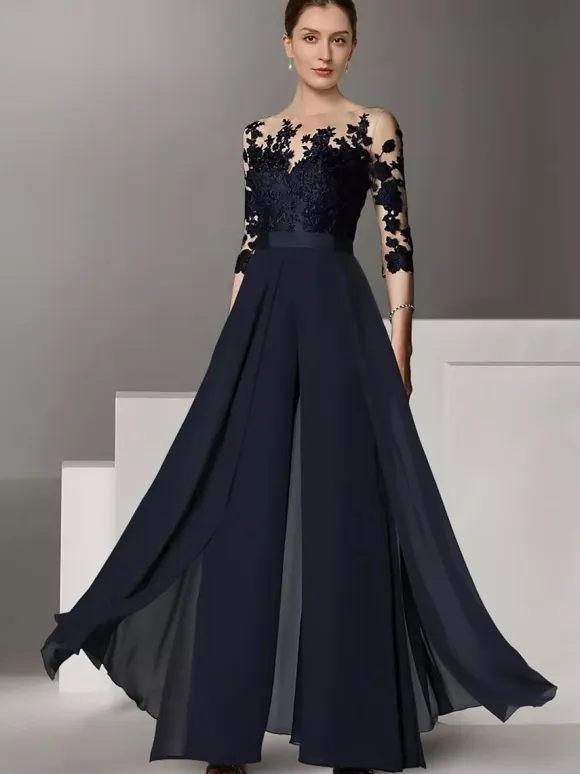 Bridal Mother Dress Jewel Neck Half Sleeves Two-piece Lace Floor-Length Wedding Guest Dresses