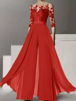 Bridal Mother Dress Jewel Neck Half Sleeves Two-piece Lace Floor-Length Wedding Guest Dresses