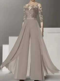 Bridal Mother Dress Jewel Neck Half Sleeves Two-piece Lace Floor-Length Wedding Guest Dresses