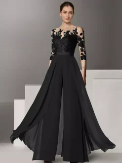 Bridal Mother Dress Jewel Neck Half Sleeves Two-piece Lace Floor-Length Wedding Guest Dresses