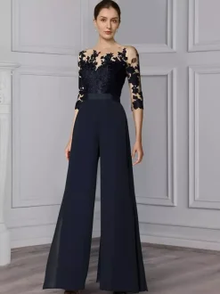 Bridal Mother Dress Jewel Neck Half Sleeves Two-piece Lace Floor-Length Wedding Guest Dresses