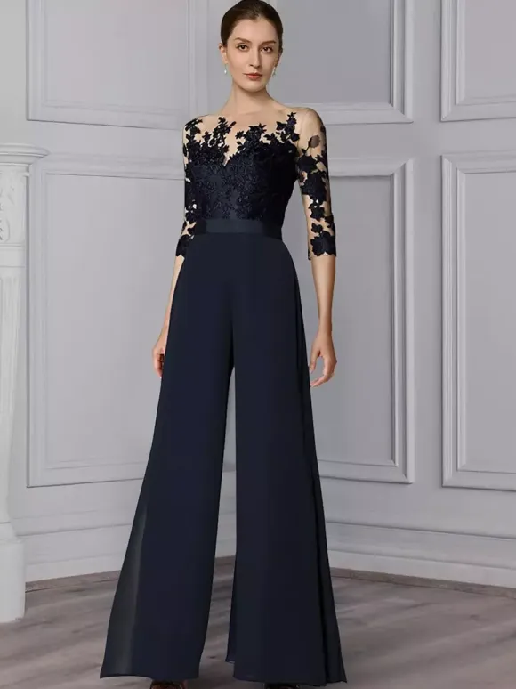 Bridal Mother Dress Jewel Neck Half Sleeves Two-piece Lace Floor-Length Wedding Guest Dresses