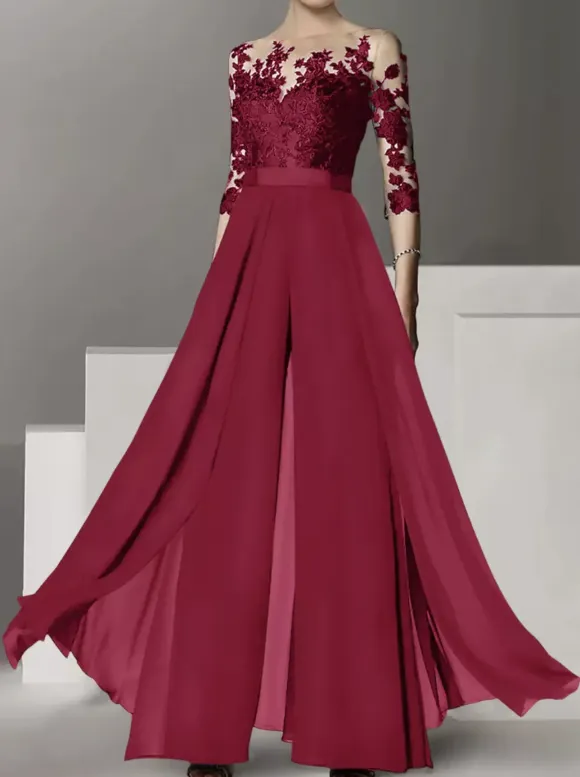 Bridal Mother Dress Jewel Neck Half Sleeves Two-piece Lace Floor-Length Wedding Guest Dresses