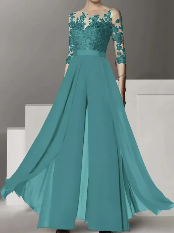Bridal Mother Dress Jewel Neck Half Sleeves Two-piece Lace Floor-Length Wedding Guest Dresses