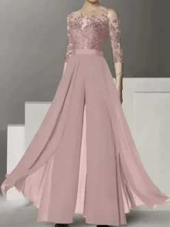 Bridal Mother Dress Jewel Neck Half Sleeves Two-piece Lace Floor-Length Wedding Guest Dresses